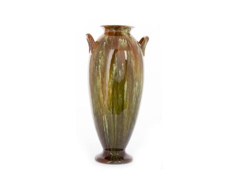 LINTHORPE POTTERY ELONGATED OVAL DOUBLE HANDLED VASEdecorated with an agate ware body, impressed mark, 27cm high