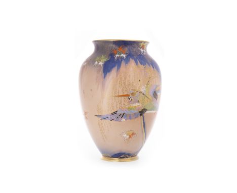 CARLTONWARE 'SKETCHING BIRD' PATTERN VASEof oviform with flared rim, decorated with enamel and gilt bird amongst trees on a g