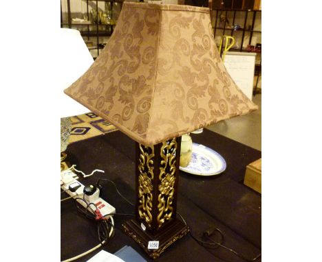 Heavy gold highlighted pierced lamp base with silk lamp shade H: 85 cm