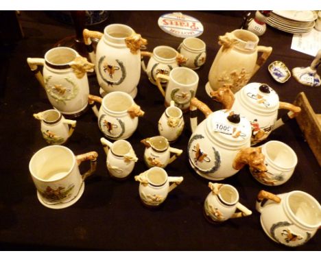 Collection of hunting scene ceramic jugs and tea ware