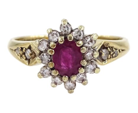 9ct gold ruby and diamond cluster ring, hallmarkedCondition Report:Approx 2.6gm, size J-K