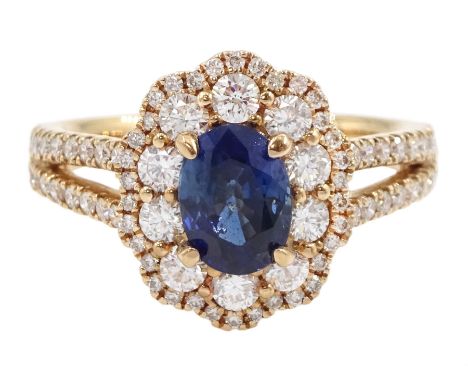 18ct rose gold oval cut sapphire and round brilliant cut diamond cluster ring, with diamond set shoulders, hallmarkedConditio