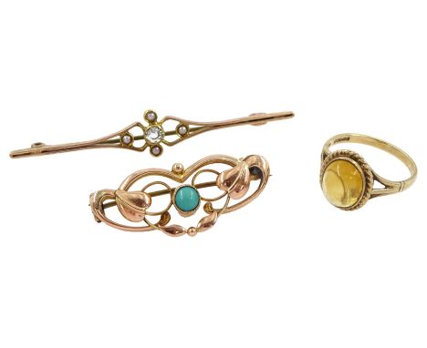 Edwardian rose gold turquoise brooch, aquamarine and seed pearl brooch and a yellow stone set ring, all 9ctCondition Report:A