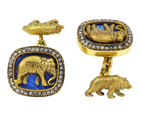 Fabergé pair of 14ct gold blue enamel and diamond elephant cufflinks, with bear toggle backs, the reverse stamped HW for work