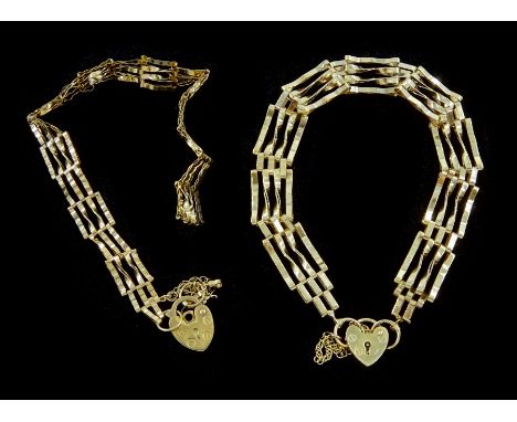 Two 9ct gold gate bracelets, with heart locket claspsCondition Report:Approx 10.3gm, tested or hallmarked, one bracelet broke