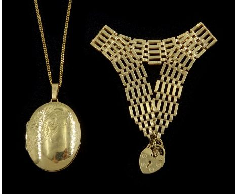 Gold locket pendant necklace and a gold five bar gate bracelet, both 9ctCondition Report:Approx 12.75gm, (locket no interior)