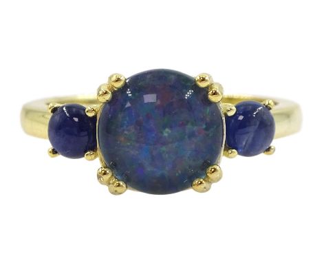 Silver-gilt three stone opal triplet and sapphire ring, stamped 925Condition Report:Size L-M, good condition