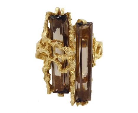 14ct gold two stone rectangular cut smoky quartz, abstract design ring, stampedCondition Report:Approx 10.7gm, size R, max de