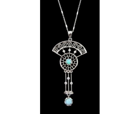 Silver Art Deco style opal openwork pendant necklace, stamped 925Condition Report:Pendant length = 5.6cm, good condition