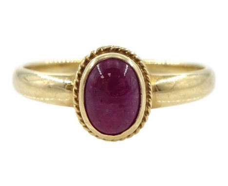 9ct gold single stone cabochon ruby ring, hallmarkedCondition Report:Approx 3.6gm, size X