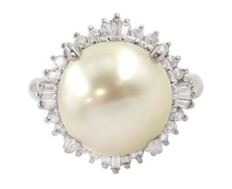 Platinum single stone cultured pearl and diamond cluster ring, stamped, total diamond weight approx 0.50 caratCondition Repor