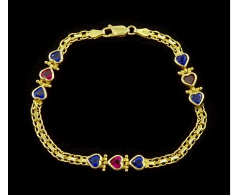 14ct gold pink and blue stone heart bracelet, stampedCondition Report:Approx 9.5gm, length = 20cm, stones synthetic, tested 1