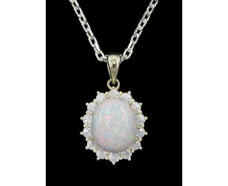 Silver opal and cubic zirconia cluster pendant necklace, stamped 925Condition Report:Pendant length =25mm, good condition