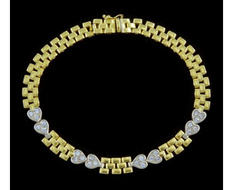 18ct gold cubic zirconia set heart and brick link bracelet, stamped 750Condition Report:Approx 18.15gm, length = 19.8cm, clas