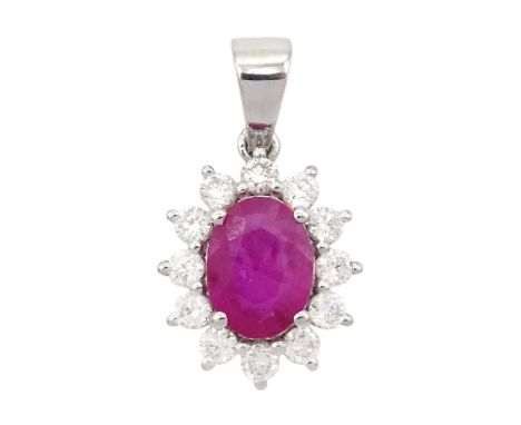 18ct white gold oval cut ruby and round brilliant cut diamond cluster pendant, ruby approx 1.15 carat, total diamond weight a