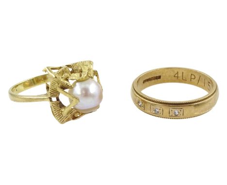 Gold rubover set three stone diamond ring and a gold single stone pearl ring, both hallmarked 9ctCondition Report:Approx 4.8g