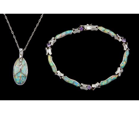 Silver opal and amethyst link bracelet and a silver opal and cubic pendant necklace, stampedCondition Report:Good condition, 