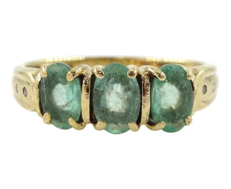 9ct gold three stone emerald ring, with diamond shoulders, hallmarkedCondition Report:Approx 2.6gm, size N