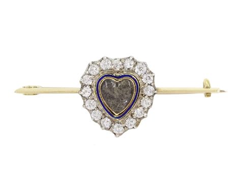 Victorian 15ct gold heart brooch, the old cut diamond and blue enamel heart, with glazed central panelCondition Report:Approx