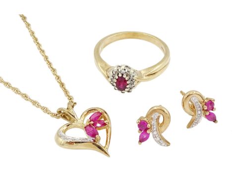 Gold ruby and diamond cluster ring, gold pink stone and diamond heart shaped pendant necklace and a pair of similar stud earr