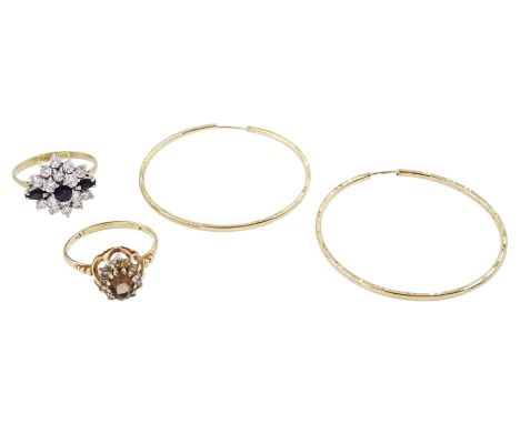 Pair of 9ct gold hoop earrings and two 9ct gold stone set cluster ringsCondition Report: Stone set approx 6.1gm, ring sizes S