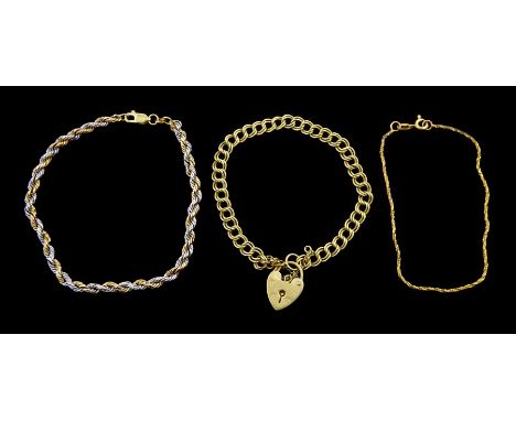 White and yellow gold rope twist bracelet, curb link bracelet with heart locket clasp and one other, all 9ctCondition Report: