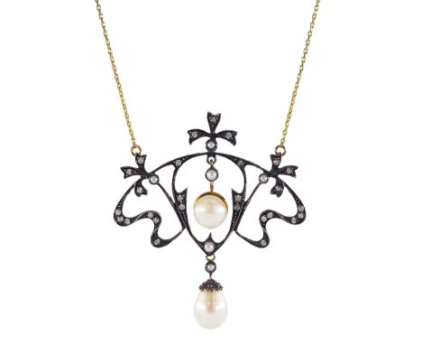 Gold and silver-gilt cultured pearl and diamond openwork pendant necklaceCondition Report:Approx 6.7gm, pendant length = 5cm,