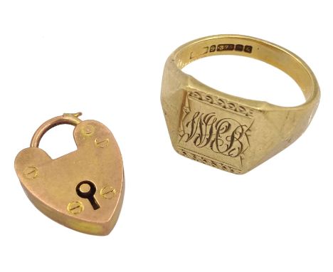 Gold signet ring and a rose gold heart padlock, both 9ctCondition Report:Approx 9.4gm, tested or hallmarked, ring size R