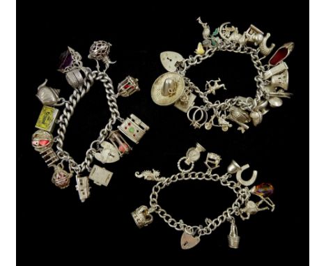 Three silver charm bracelets, charms including Noah's Ark, scooter, canal boat, wishing well, seahorse and champagne bucketCo