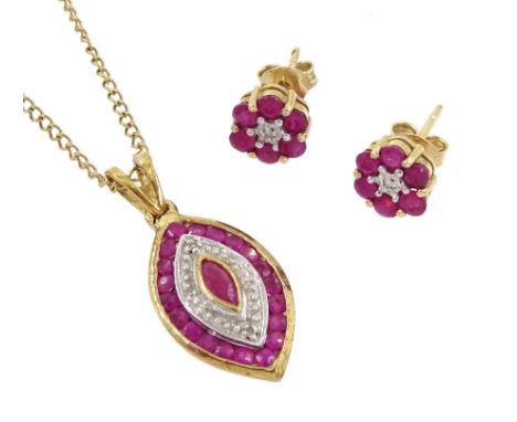 Pair of 9ct gold ruby and diamond flowerhead stud earrings and a 9ct gold ruby and diamond pendant necklace, with a gilt magn