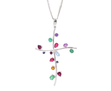 18ct white gold multi gemstone cross pendant necklace, stampedCondition Report:Approx 27.45gm, chain length = 50cm, pendant l