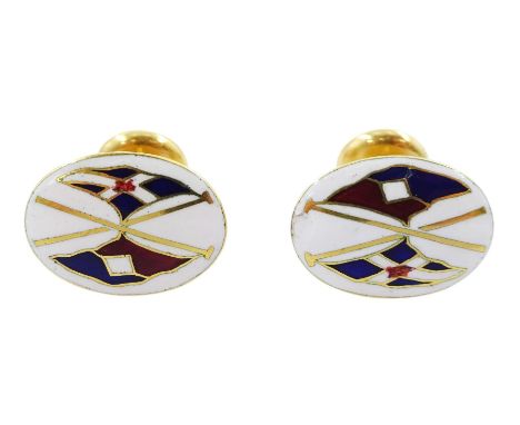 Pair of 18ct gold enamel shipping company flag cufflinksCondition Report:Approx 8.15gm, tested also 18ct, some enamel loss to
