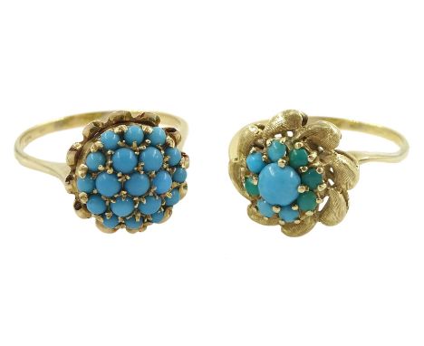 Two gold turquoise cluster ringsCondition Report:One tested 14ct, approx 2.65gm, the other tested 17ct, approx 3.45gm, both s