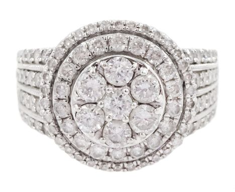 18ct white gold round brilliant cut diamond cluster ring, with diamond set shoulders, stamped 750, total diamond weight 1.50 