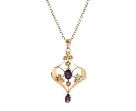 Edwardian rose gold amethyst and seed pearl pendant, stamped 9ct, on later 9ct gold chain link necklace, hallmarkedCondition 