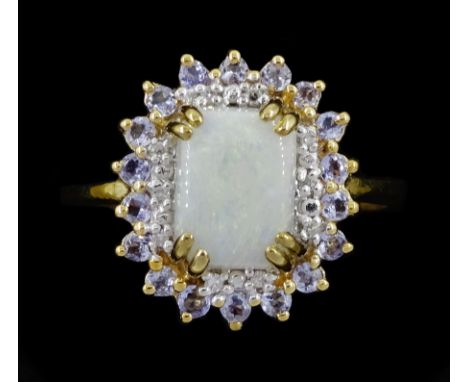 9ct gold opal, tanzanite and diamond cluster ring, stampedCondition Report:Approx 2.6gm, size O-P, good condition