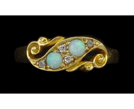 Early 20th century 18ct gold opal and old cut diamond scroll ring, Birmingham 1921Condition Report:Approx 2.5gm, size O-P, ma