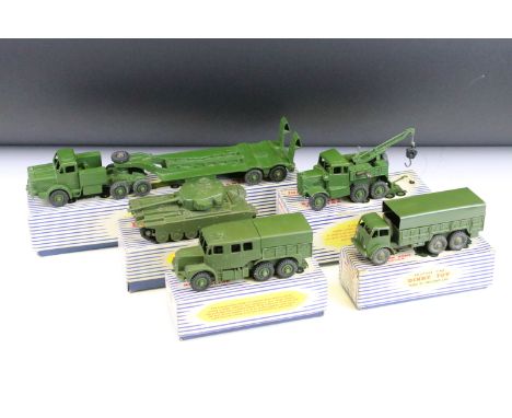Five boxed Dinky Supertoys military diecast models to include 660 Tank Transporter, 661 Recovery Tractor, 651 Centurion Tank,