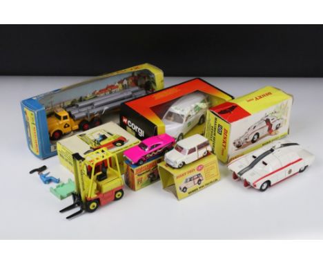 Six boxed diecast models to include Dinky 105 Maximum Security Vehicle (diecast gd, tatty box), Matchbox Superfast 70 Dragste