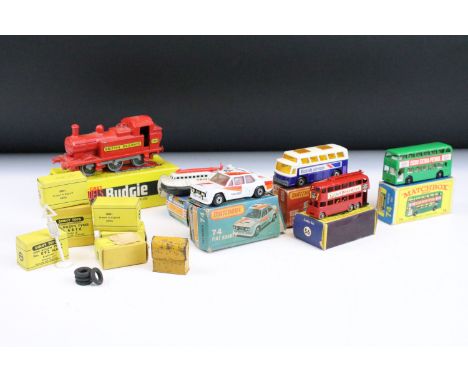 Six boxed diecast models to include 5 x Matchbox 75 Series (2 Rescue Helicopter, 74 Fiat Abarth, 65 Airport Coach, 74 Daimler