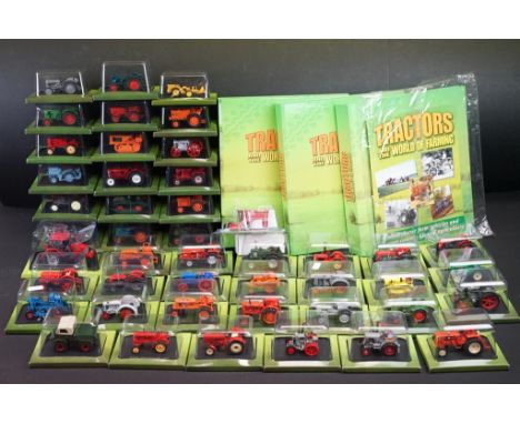 Collection of 46 1/43 scale Universal Hobbies Hatchette Tractors and The World Of Farming diecast tractor models, together wi