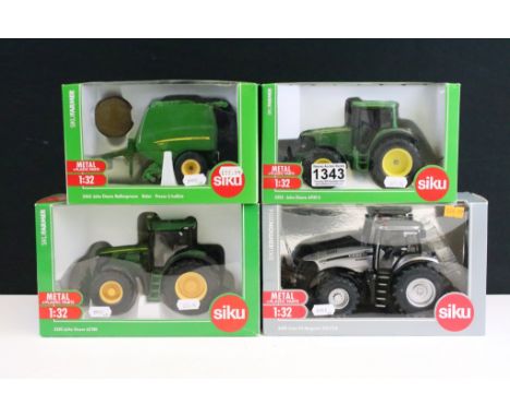 Four boxed Siku 1/32 scale diecast model tractors to include 3 x Siku Farmer (3252 John Deere 6920 S, 2465 John Deere Ballenp