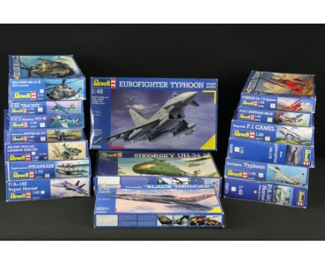 16 Boxed &amp; unbuilt Revell plastic aircraft model kits, 1/28 to 1/72 scale, to include 04874 F/A-18C Hornet, 04277 Superma