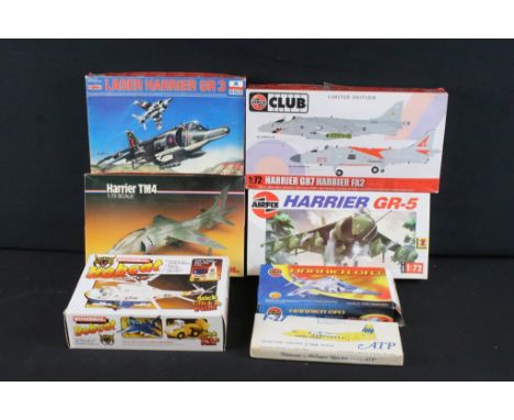 Seven boxed &amp; unbuilt plastic aircraft model kits to include Airfix A82010 Harrier GR7 Harrier FA2, Airfix 04038 Harrier 