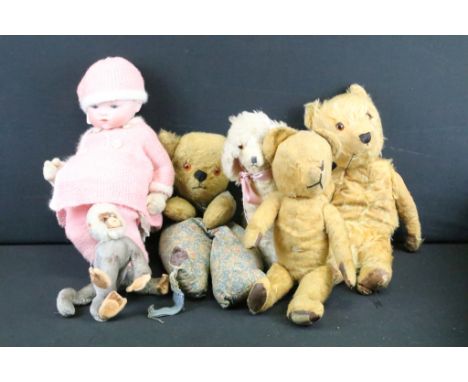 Four early-to mid 20th C teddy bears / soft toys featuring two jointed teddy bears and a wire-framed mohair monkey, plus a We