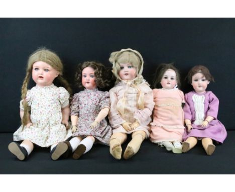 Five Armand Marseille German bisque headed child dolls, all having composite bodies, sleeping eyes, open mouths with teeth an