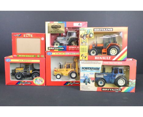 Six boxed Britains farming diecast models to include 9321 Powerfarm Ford TW35 Tractor, 9518 Renault Tractor, 9440 JCB Fastrac