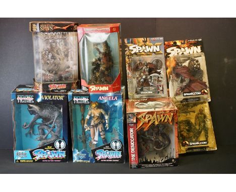 Collection of eight boxed and carded McFarlane Toys Spawn figures to include Spawn V, Medieval Spawn III, Al Simmons, The Des