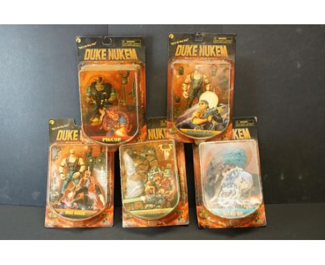 Collection of five carded 3D Realms ReSaurus Duke Nuken figures to include OctaBrain, Night Strike Duke, Pigcop, Duke Nuken a