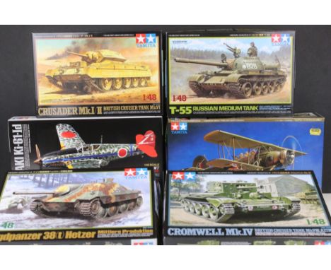 Eight boxed Tamiya 1/48 plastic model kits to include 25424 Kkawasaki Ki-61-1d Hien, 11 Jagdpanzer 38(t) Hetzer, 28 Cromwell 